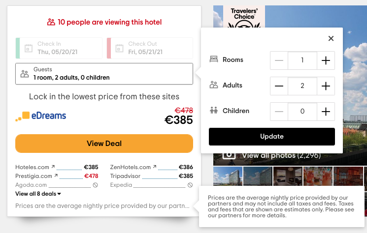 Example of Tripadvisor disclaimer. Metasearch does not guarantee that the prices include all taxes and fees